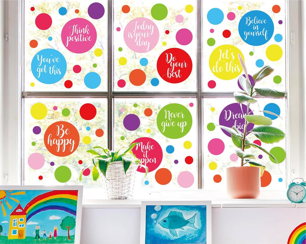 Whaline 9 Sheet Back to School Window Clings, Inspirational Quotes Decals, Double-Sided Colorful Polka Dots Decor for