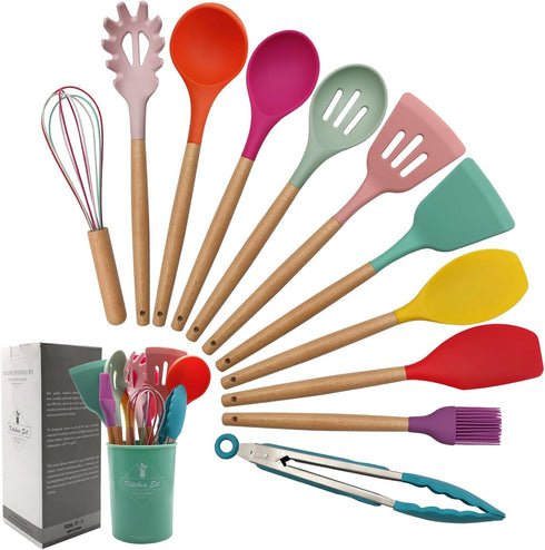 Kitchen Utensils Set of 12, Silicone Cooking Utensils with Non-Slip Wooden Handle, Heat Resistant Cookware Set