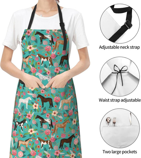 Floral Horse Print Waterproof Apron, Adjustable Neck Bib with 2 Pockets for Cooking Kitchen Gift