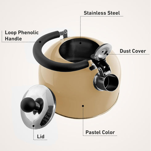 Lily's Home 2 Quart Stainless Steel Whistling Tea Kettle, Perfect Stovetop Tea and Water Boiler for Home or Dorm