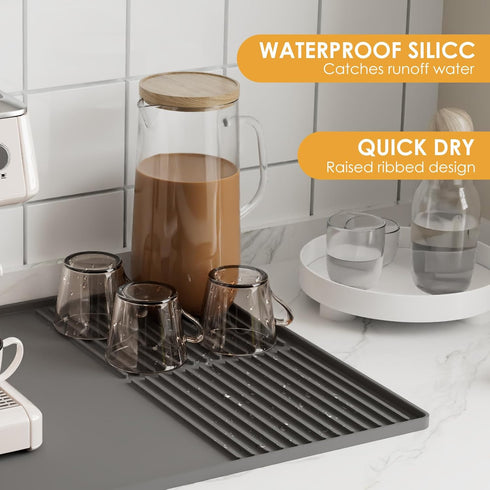 Silicone Coffee Mat with Raised Edges, 24'' x 16'' Coffee Bar Mat for Countertops, Fits Under Coffee Maker, Dish Drying