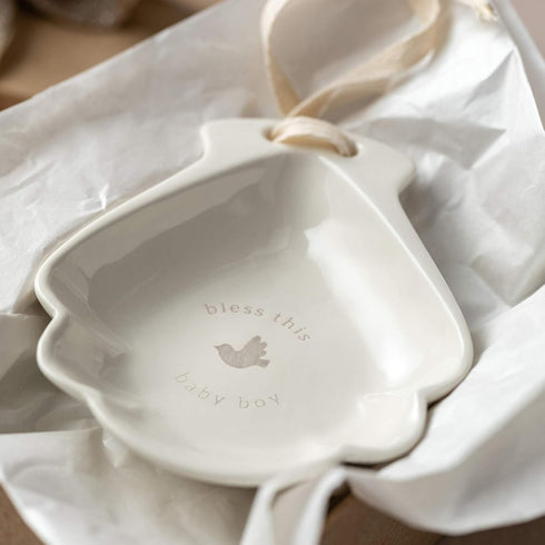 DEMDACO Bless This Baby Boy Glossy White Ceramic Stoneware Decorative Baptism Bowl, 5 x 4