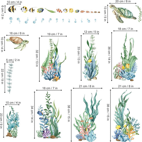 decalmile Summer Under The Sea Seaweed Double Sided Window Clings, Ocean Grass Turtle Fish Window Decals for Glass