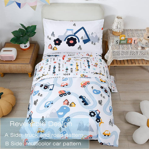 4 Sets PERFEMET Car Toddler Bedding Kids Pieces Bed in A Bag for Boys Vehicles Truck Toddler Girl Comforter with Bed