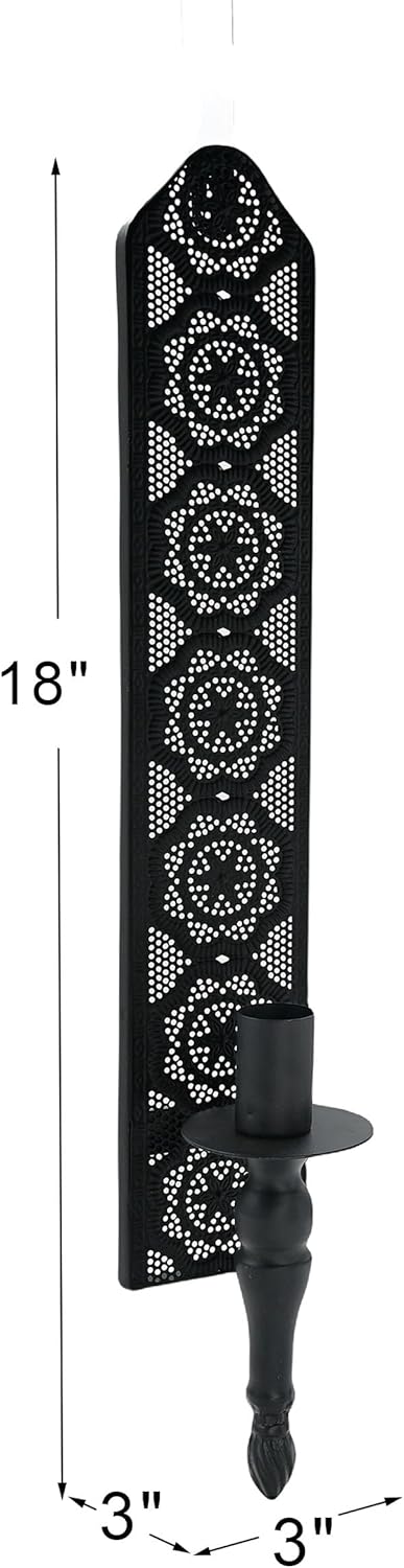 Set 2 18inch Vintage Black Wall Sconce Candle Holder with Intricate Pattern, Rustic Metal Taper Candle Holders