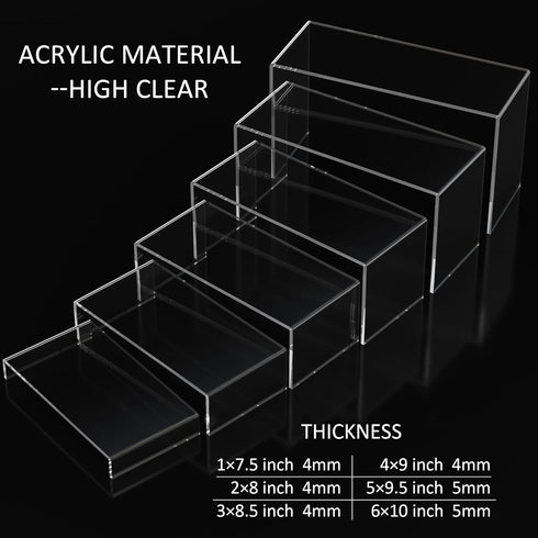 6pcs, 7.5''x8''x8.5''x9''x9.5''x10'' Sezanrpt Acrylic Display Risers Clear Rectangular Display Organizer Stands