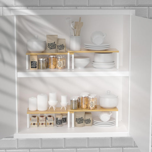 NEX Kitchen Cabinet and Counter Shelf Organizer, Stackable & Expandable, Set of 4, White and Natural, 7.7 x 15.6 x 6.2''