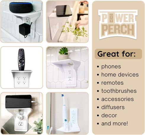 Storage Theory Power Perch Horizontal Outlet Shelf - Space Saving Bathroom Shelving for Electric Toothbrush, Echo Dot