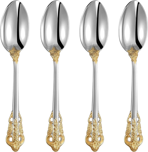 KEAWELL Luxury Dinner Spoon Set of 4, 18/10 Stainless Steel, Mirror Polished Silverware Spoon (Gold Accent)