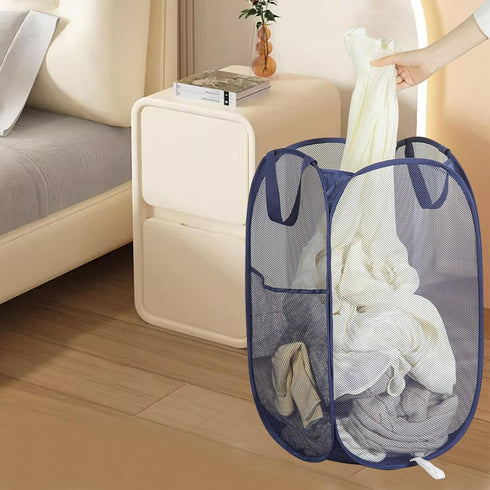 2 Pack Collapsible Pop Up Laundry Hamper, Large Capacity Mesh Laundry Basket for Apartments & Student Dorms (Beige+Blue)