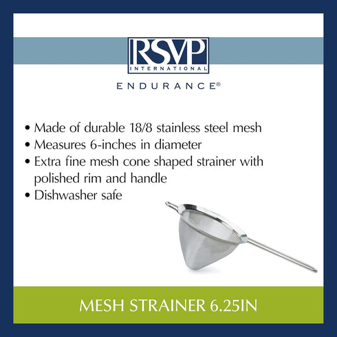 RSVP International Endurance Kitchen Collection, Stainless Steel Fine Mesh Sieve/Colander, 6.25-Inch