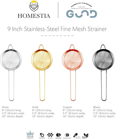 Homestia Fine Mesh Strainer for Kitchen - 304 Stainless Steel Sieve for Food, Tea, Oil, Easy to Clean
