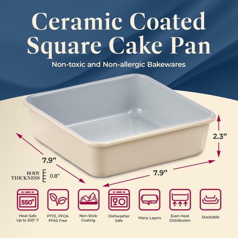 Square Cake Pan - Aluminized Steel, Ceramic Non-Stick Coating, Non-Toxic, Ideal Size, Heavy-Duty, Elevate Your Baking with Durability and Style! by BAKKENMASTER