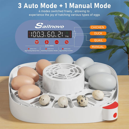 12 4 Sailnovo Incubators for Hatching Eggs Egg Incubator with Modes Temperature Control, Automatic Egg Turning