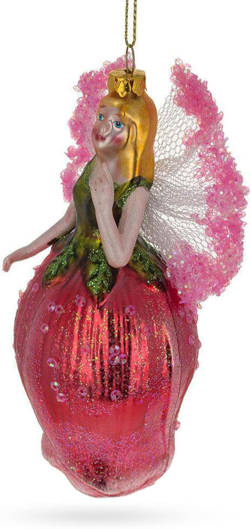 Enchanting Fairy Glass Christmas Ornament in a Rose Dress