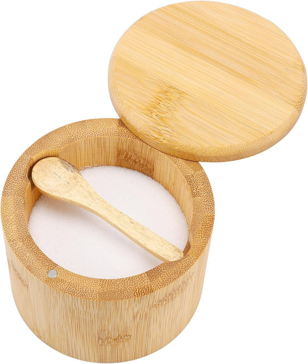 Natural Bamboo Salt and Pepper Bowl, Bamboo Salt Cellar with Built-in Spoon and Magnetic Swivel Lid, Single Compartment