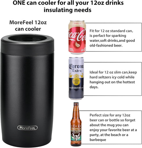 Morefeel 4-in-1 Skinny Can Cooler, Double Wall Stainless Steel Insulated Can Holder, Works With 12 Oz Slim Can,