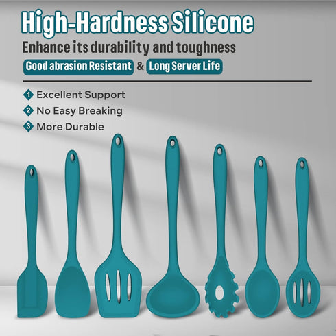 Silicone Cooking Utensils Set, E-far 7-Piece Blue Heat Resistant Kitchen Utensils Set, Kitchen Nonstick Tools Spatula Ladle Spoon Pasta Server for Non-stick Cookware, Non-Toxic & Dishwasher safe by E-far