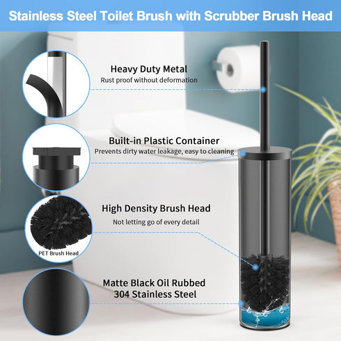 Flyzenvibe Set Stainless Steel Toilet Brush and Holder Oil Rubbed Matte Black Heavy Duty Toilet Bowl Brush with Long