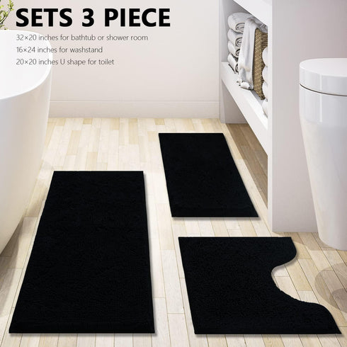 Black Bathroom Rug Chenille 3-Piece Set, Extra Soft and Absorbent Shag Bathroom Mats