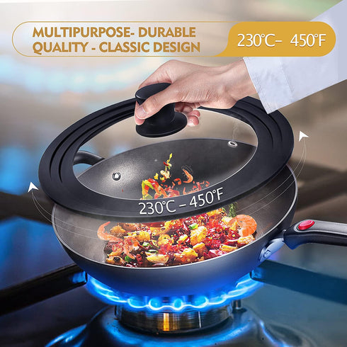 Universal Pot Lid with Heat Resistant Silicone Rim and Tempered Glass, Fits 6.5", 7", 8" Diameter Pans and Skillets