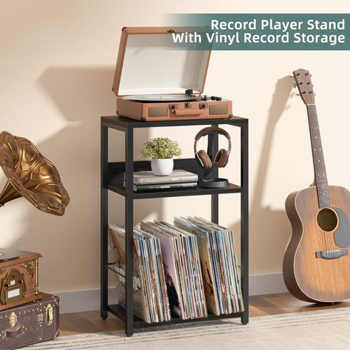 3-Tier 120 Albums, LELELINKY Record Player Stand, End Side Table with Vinyl Record Storage, Vinyl Record Holder Up