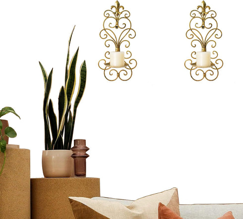 JUCONSIN Set 2, Wall Sconces Candle Holder of Metal Wall Decorations Hanging Wall Mounted Candle Sconces for Living
