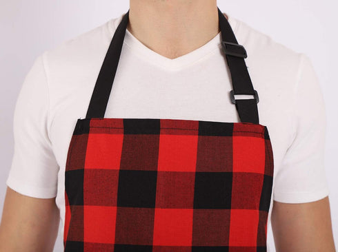 Chef Bib Apron - Red/Black, 32" x 28", 40" Long Ties, Adjustable Neck Strap, 2 Pockets, Christmas Gift for Men Women