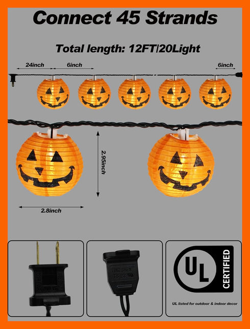 Adirxon 12ft 20 Charming Halloween Christmas Pumpkin Lantern Lights, LED UL Certified String Lights, Unique Fabric Jack