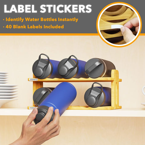 SpaceAid Bamboo Water Bottle Organizer with Labels, 2-Tier Kitchen Pantry Storage Rack for Bottles