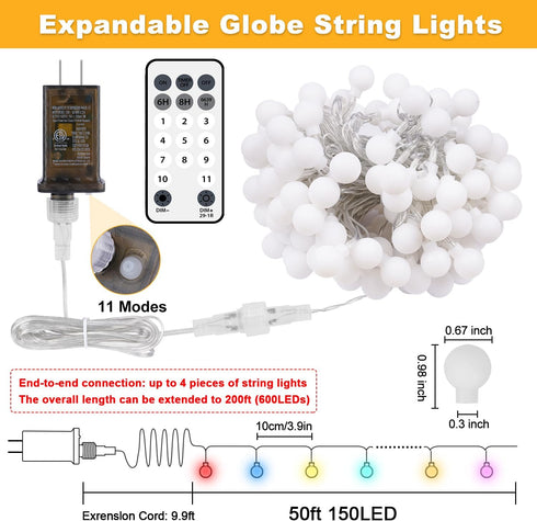 50FT 150 OMIKA Connectable Globe String Lights Outdoor Waterproof, LED Fairy Lights with Remote Timer, Multicolor