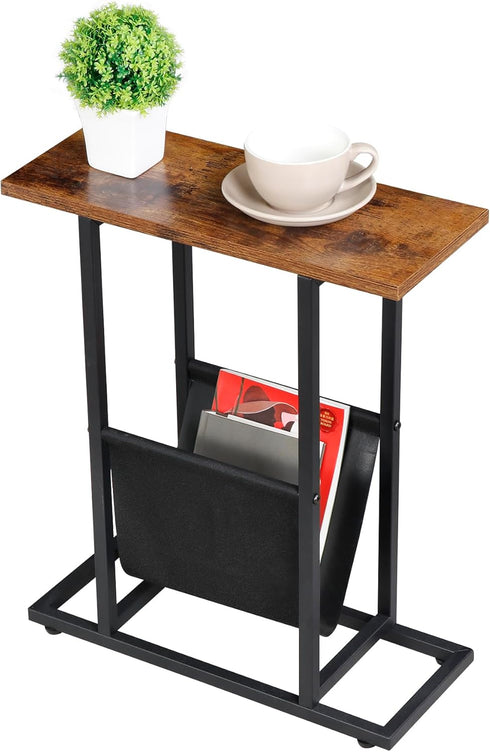 SUPER DEAL Side Table with Magazine Holder Sling, Narrow End Table Slim Nightstand Wood Look Accent Table with Metal