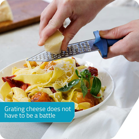 PELEG DESIGN Gratiator Small Cheese Grater Stainless Steel Sword-Shaped Utensil with Royal Blue Handle