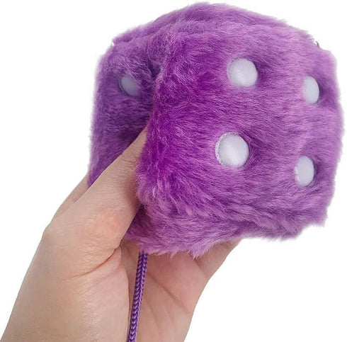 Pair of Retro 3 inch Fuzzy Plush Dice with Dots, Car Mirror Hanging Decoration, Purple