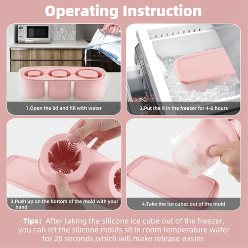 Fu Store Ice Cube Tray for Stanley Cup 30-40 oz Tumbler, 3pcs Silicone Molds with Lid and Bin (Pink, 40 oz)
