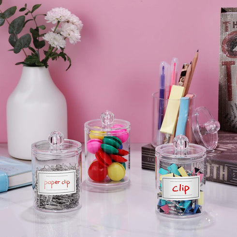 6 Pack Qtip Holder Dispenser for Cotton Balls, Swabs, Pads - Clear Plastic Apothecary Jar Set