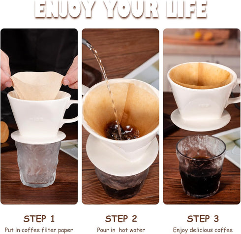 Ceramic Pour Over Coffee Dripper, Easy Manual Brew Maker - 3 Holes Flat Bottom Porcelain Slow Filter Cone for Home