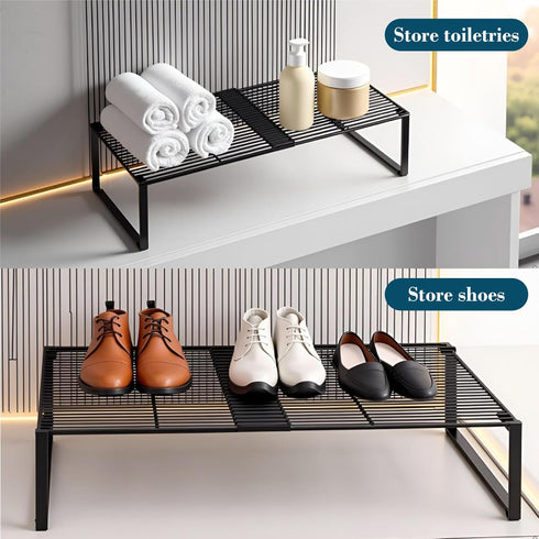 15-24.4in Closet (1,Black) Extendable Metal Wire Shelf Organizer - Adjustable Length, Stackable Storage Rack