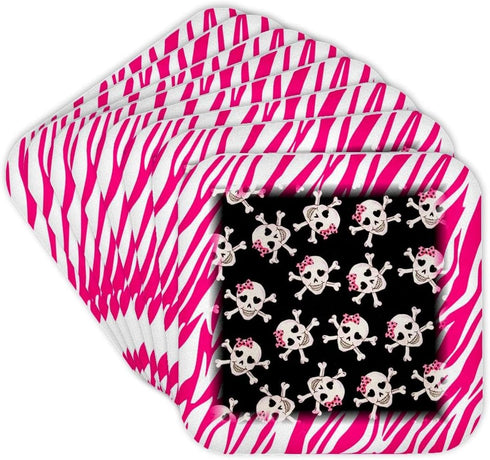 Cute Black Skulls with Bows on Pink Zebra-Soft Coasters, 3dRose cst_61793_2, Set of 8