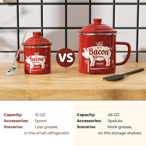 15OZ PGYARD Mini Bacon Grease Container With Strainer - Enamel Grease Saver, Farmhouse Bacon Grease Keeper For Kitchen