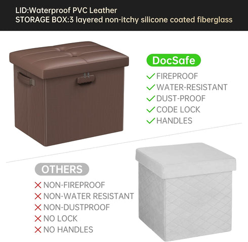 17x13x13in, DocSafe Storage Ottoman Foot Rest Stool with Lock Handle, Fireproof Folding Leather Footstool Bench