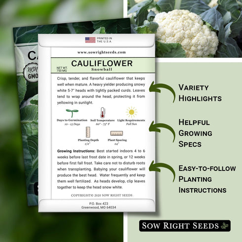 Packet (4) Sow Right Seeds - Snowball Cauliflower Seed for Planting - Non-GMO Heirloom with Instructions to Plant a