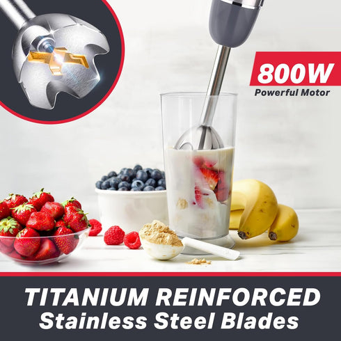 Mueller Multistick 800W 5-in-1 Immersion Blender Handheld, 12 Speed Hand Mixer - Turbo Boost, Heaviest Duty Copper Motor, Titanium Blades Hand Blender, Milk Frother Wand, Whisk, Beaker, Chopper by Mueller