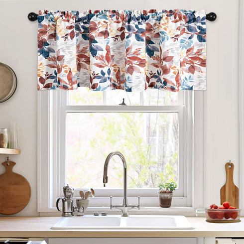 Leeva Leaves Printed Window Valance, Linen Texture Farmhouse Small Curtains, 52 x 18 Inch, One Panel
