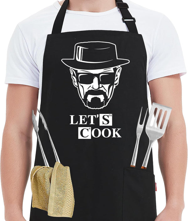 Funny Cooking Aprons for Men - Let’s Cook - Black Chef Grilling BBQ Aprons with 2 Pockets