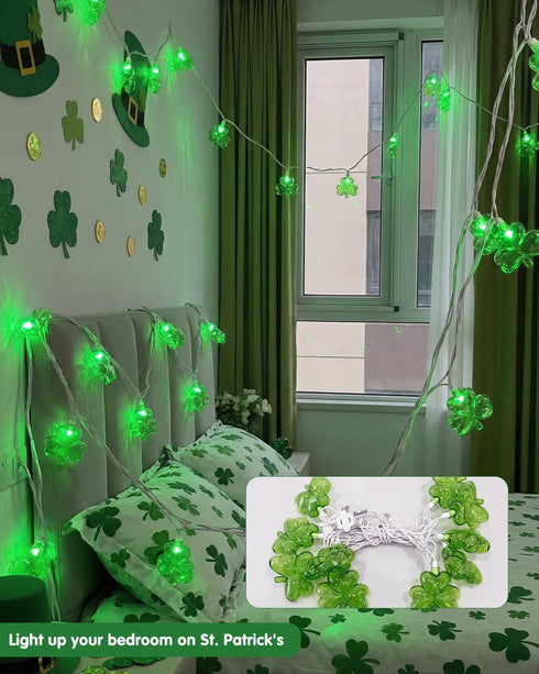 8.5Ft 10 SUNSGNE Shamrock String Lights St. Patrick's Day Lights, Outdoor Patio String Light with LED Green Shamrock