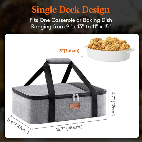 Lifewit Insulated Casserole Carrier for Hot or Cold Food, Casserole Dish Carrying Case, Lasagna Holder for Potluck Parties/Picnic/Cookouts, Fits 9"x13" Baking Dish, Grey by Lifewit