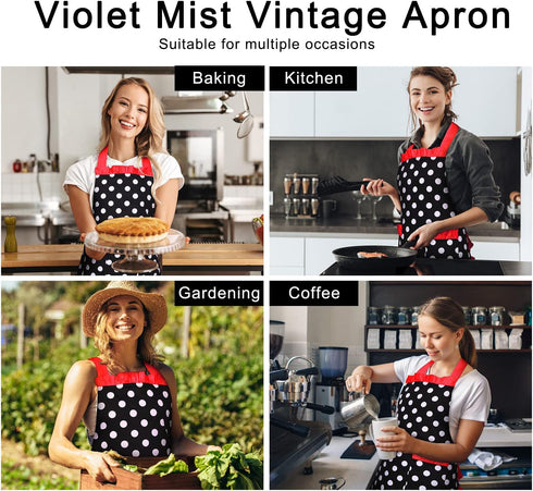Violet Mist Vintage Apron for Women with Pockets, Cute Polka Dot Retro Stylish Apron (Red)