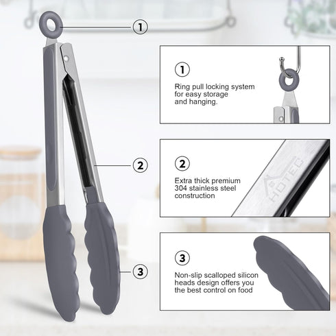 HOTEC Premium Stainless Steel Locking Kitchen Tongs - Set of 3-7", 9" and 12"
