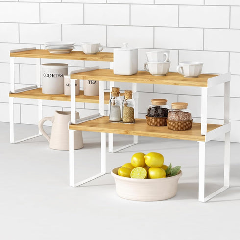 Large Kitchen Cabinet Organizer Shelf Set of 4 - White Stackable Countertop Organizer for Spices, Plates (Bamboo Wood)